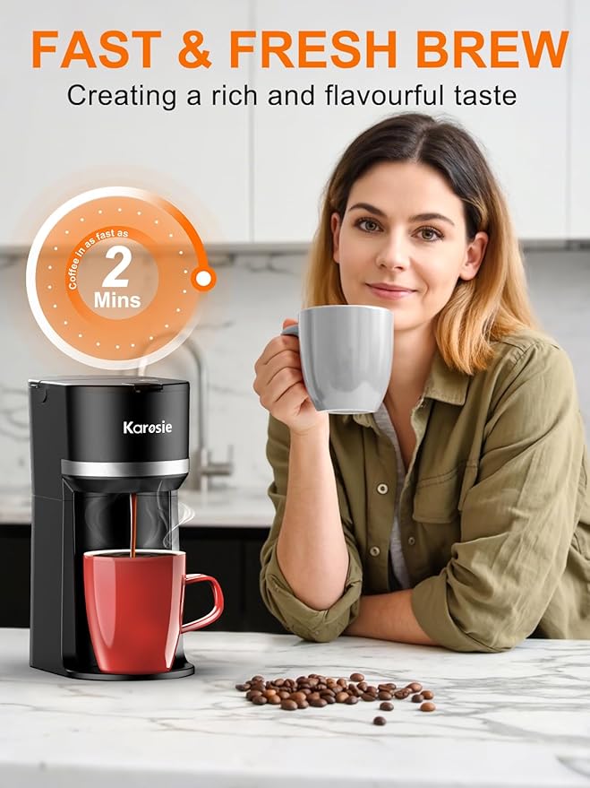 Single Serve Coffee Maker for K-Cup and Ground Coffee, Fast Brew, 6-12 oz Brew Sizes One Cup Coffee Machine Fits 5.5" Mugs, One-Button Small Coffee Maker, Descaling Reminder,Black,9.45 Inches