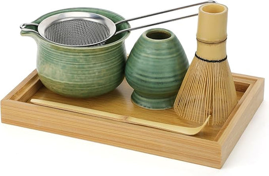 Matcha Whisk Set with Bamboo Tray - Bowl with Spout, Whisk and Holder, Bamboo Scoop, Sifter, Japanese Matcha Kit Tea Ceremony Gift for Women