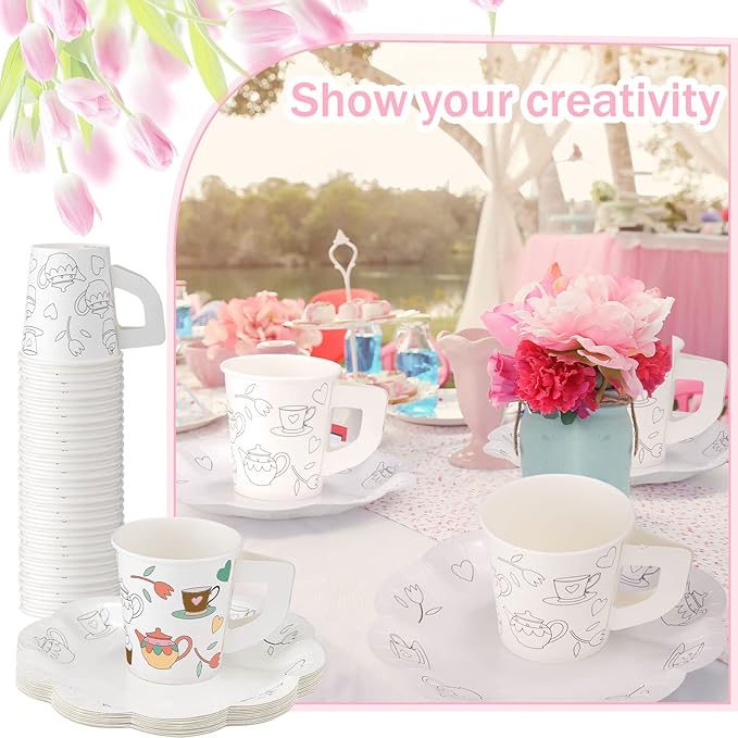 Nuenen 36 Set Color Your Own Tea Party Paper Cups with Handles Disposable Tea Cups and Saucers Plates DIY Coloring Activity Crafts for Kids Birthday Party