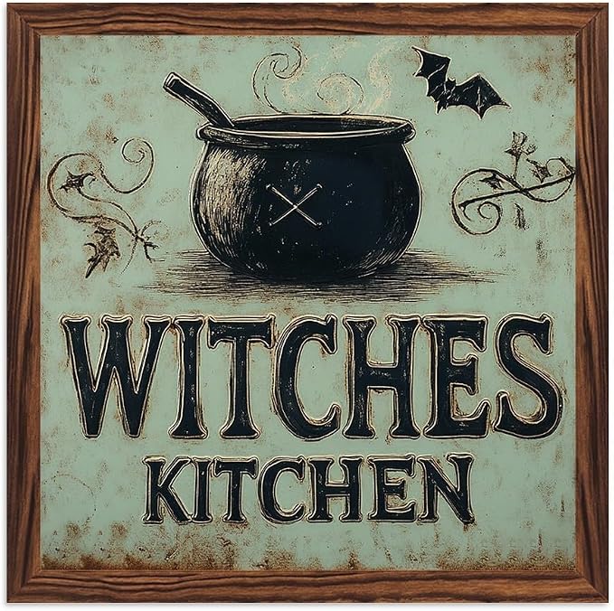 Vintage Witches Kitchen Wooden Sign, With Frame Witch Cauldron, Bats Elements Decorative Sign for Bedroom, Kitchen, Cafe, Bar Wall Decor, Halloween Decor 7.87x7.87 Inch by Nwijvsn