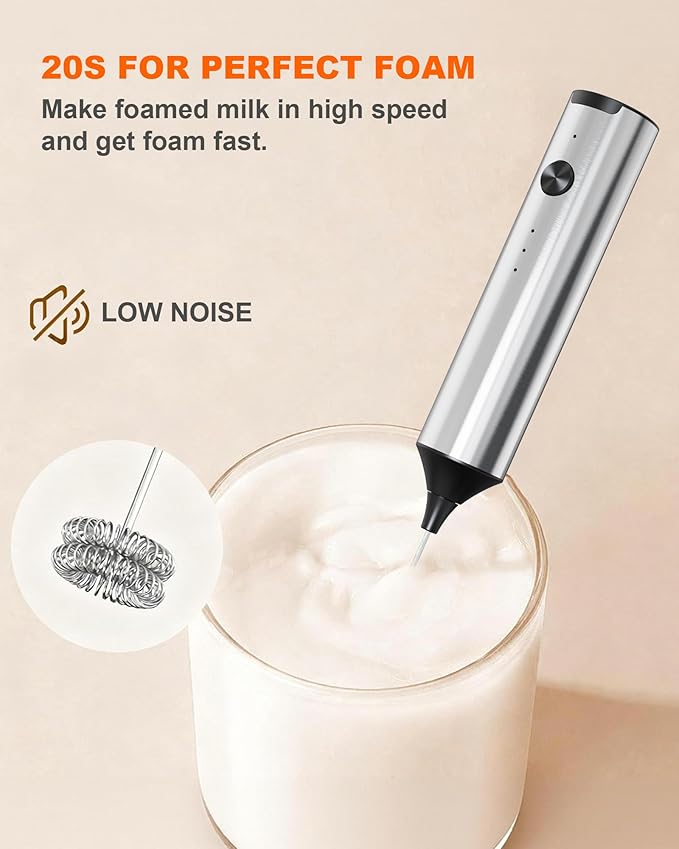 Rechargeable Milk Frother with Stand, Handheld 3-Speeds Coffee frother with 2 Whisks, Electric Frother Wand for Coffee, Latte, Cappuccino, Hot Chocolate, Matcha and Egg Mini Frother, Silver