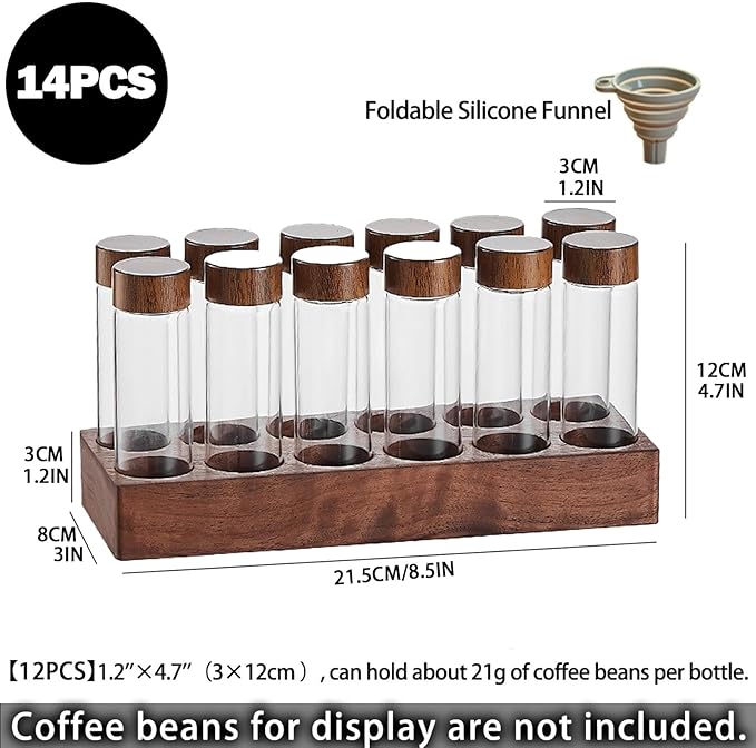 Coffee Bean Storage,Coffee Storage Container with Walnut Solid Wood Base,Coffee Bean Container,12 Tubes Single Dose with Wooden Holder(Type 1)