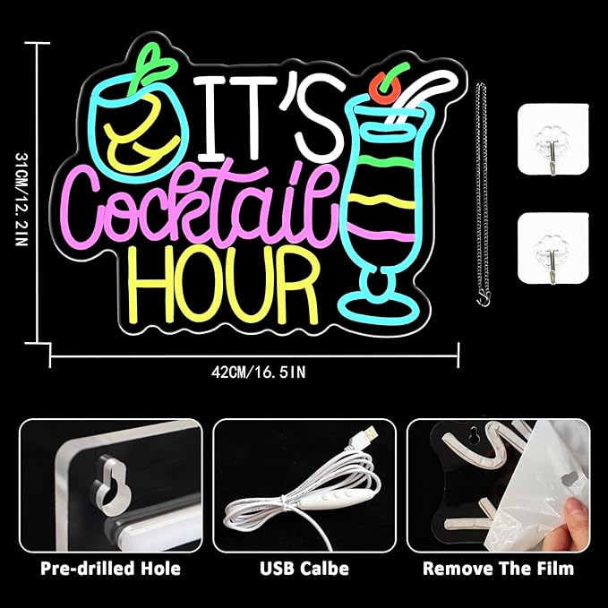 Cocktail Neon Sign It's Cocktail Hour Neon Light USB Dimmable LED Beer Signs for Beer Bar Coffee Cafe Home Pub Man Cave Stores Hotel Party Window Wall Decor Restaurant