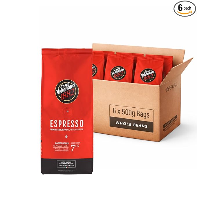Caffe Vergnano 1882 Espresso Whole Bean Arabica Roast Coffee, 1.1 lb bag - Italian Medium Roast Coffee Beans with notes of Chocolate, Nuts & Caramel, Intensity 7/10-500g Bag (6 Pack)
