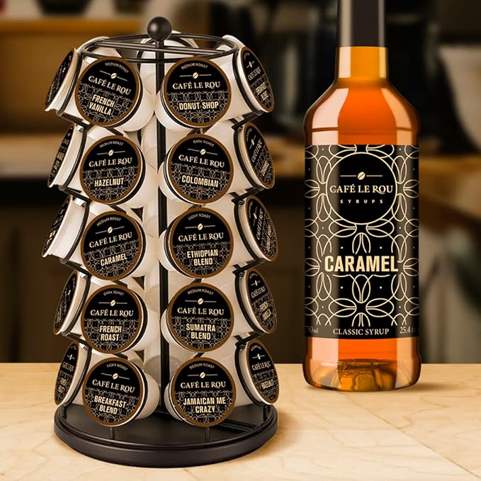 NEW Café Le Rou Caramel Coffee Syrup 25.4 oz Cafe Syrup (Caramel, 2-pack)*Includes 2 Coffee Syrup Dispensers*Flavoring Syrup for Coffee, Tea and Espresso
