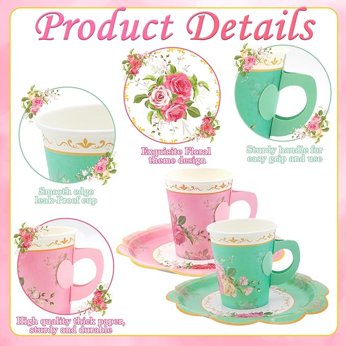 200Pcs Floral Tea Cups and Saucers for Tea Party Supplies, Disposable Tea Cups with Handle and Paper Napkins Dinnerware for Floral Theme Birthday Wedding Bridal Shower Baby Shower（Pink Green）