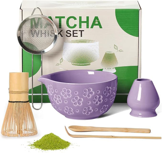 Matcha Whisk Tea Set Kit: Japanese Matcha Kit - Ceramic Bowl Bamboo Whisk Chasen Holder spoon Measuring Scoop Sifter - Traditional Practical for Tea Ceremony Breakfast Lattes - Home Kitchen Christmas