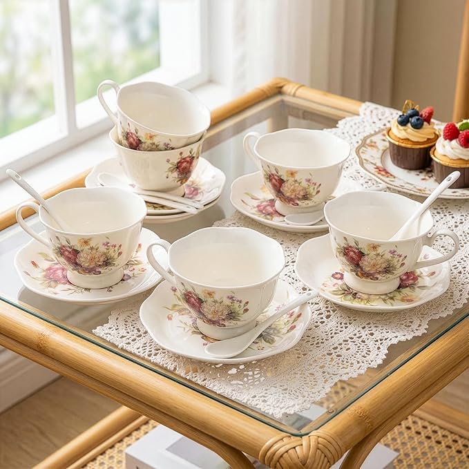 Foraineam Floral Tea Cup with Saucers and Spoons Set of 6 - Coffee Cups and Saucers with Gold Trim - 6 oz Porcelain Ivory Latte Cup and Espresso Mug for Coffee Drinks and Tea