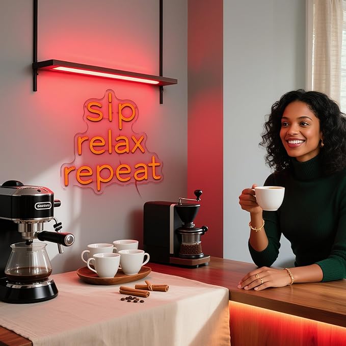 Sip Relax Repeat Neon Sign for Wall Decor Dimmable Red Led Sign for Home Bar USB Powered Coffee Neon Light for Wine Cellar Cafe Kitchen Pub Dining Room Shop Party Decor