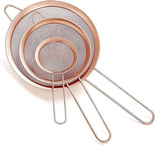 Copper Fine Mesh Strainer 3 Pieces Set, Rose Gold Flour Sifter For Baking, Stainless Steel Clander, Copper Matcha Tea Strainer, Gravy Separator, Stasher Sieve Pasta Strainers