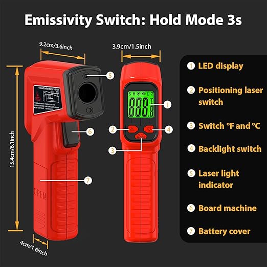 FKM Laser Thermometer Gun Non-Contact Infrared Temperature Gun,-58°F~986°F(-50°C~530°C) AdjustableEmissivity,Digital Thermometer Gun for Industrial,Kitchen Cooking,Oven,Automotive,HVAC,Not for Human