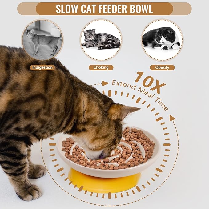 Elevated Slow Feeder Cat Bowls, Ceramic Cat Slow Feeder Bowl with Bamboo Stand, 5.9 Inch Wide Shallow Cats Bowl Whisker Friendly, Anti Vomiting Puzzle Feeder for Dry or Wet Food Dishwasher Safe