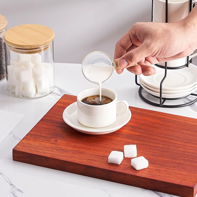 8oz Porcelain Stackable Cappuccino Cups with Saucers and Metal Stand Set of 4, Cappuccino Cups Set of 4, White Coffee Cups for Espresso, Specialty Coffee Drinks, Latte, Americano and Tea