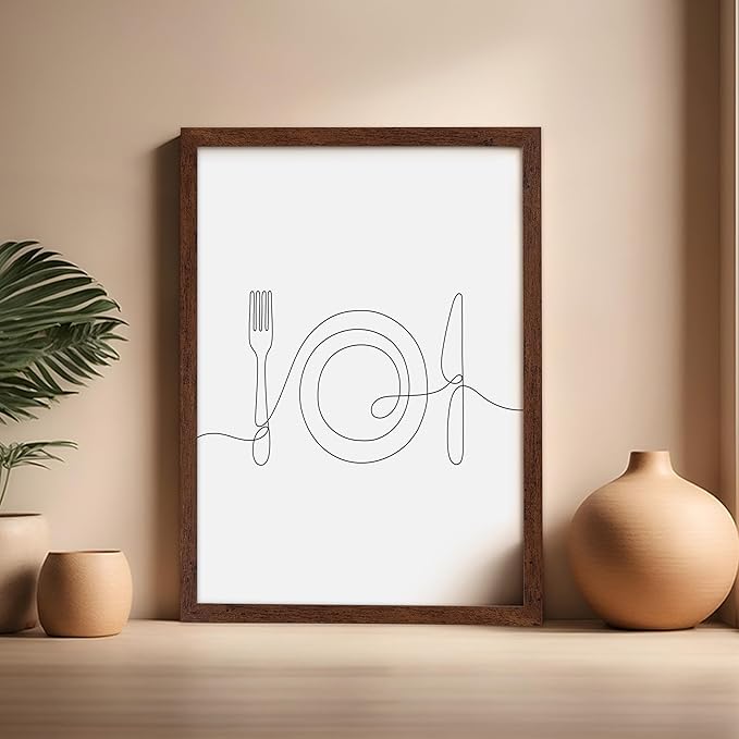 Poster Master Vintage Minimalist Poster - Retro Illustration Print - Fork, Plate, Knife, Line Drawing, Simple - Gift for Artist, Friend - Wall Decor for Kitchen, Restaurant, 16x20 Brown Framed