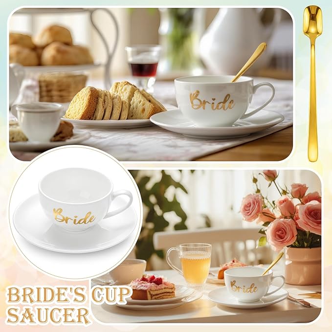 Rtteri Bride Teacup and Saucer Set 7oz Bridal Shower Teacup Porcelain Ceramic Tea Cups for Bridal Shower Tea Party Wedding Decor Victorian Elegant Coffee(Light Green,Floral)