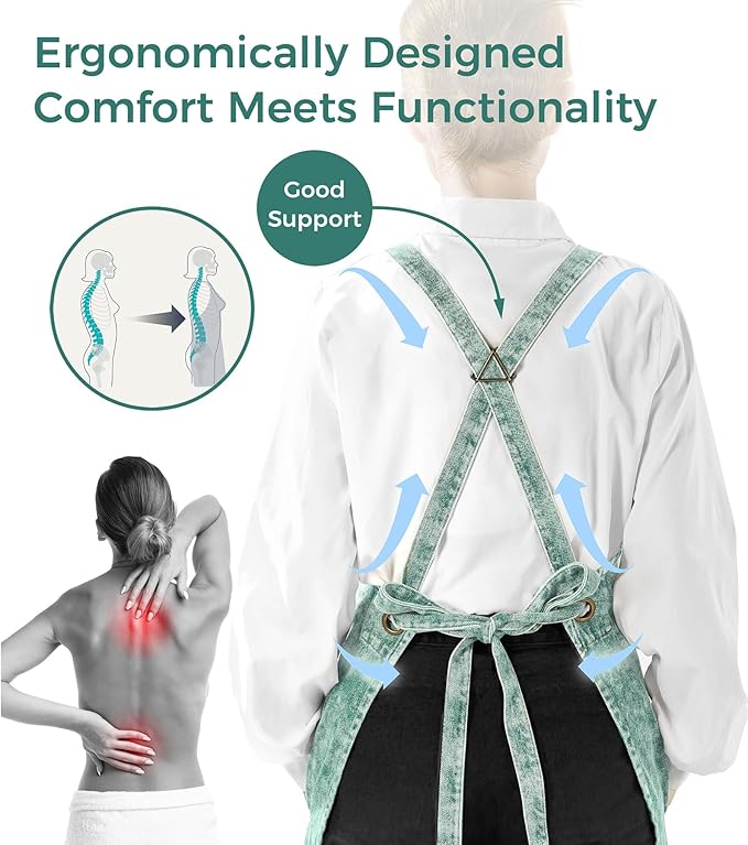 Denim Apron with Pockets for Hair Stylist Gardening Craftsmen Barista Women Hairdresser Jean Work Apron Cross Straps
