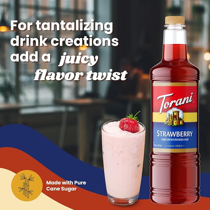 Torani Strawberry Syrup 1 Liter Bottle with Pump – Premium Drink Flavoring Made with Pure Cane Sugar & Natural Flavors for Coffee, Cocktails, Mocktails, Lemonades & Desserts – Café-Quality Sweetener - Image 6
