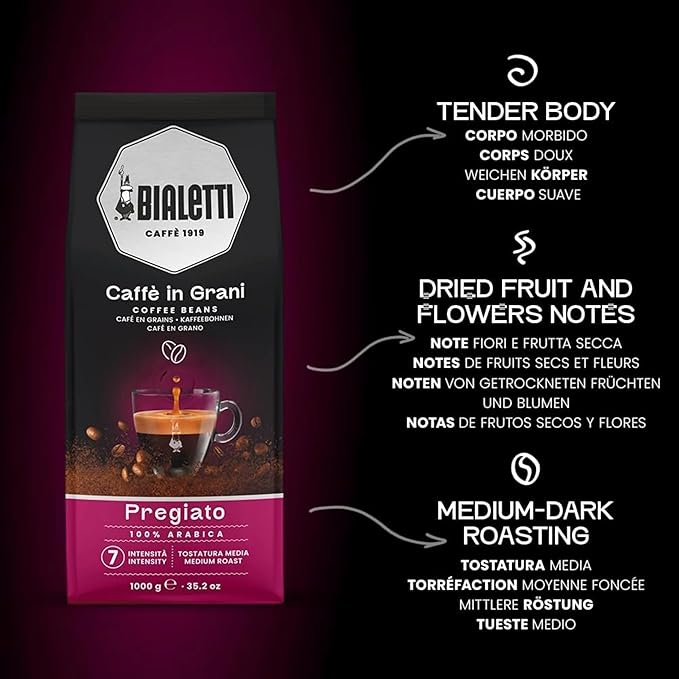 Bialetti Pregiato Coffee Beans 1000g Bag - Medium Roast Intensity 7, 100% Arabica Whole Bean Coffees with Floral & Dried Fruit Notes For Stovetop Espresso Maker, Cappuccino Machines & Moka Pot