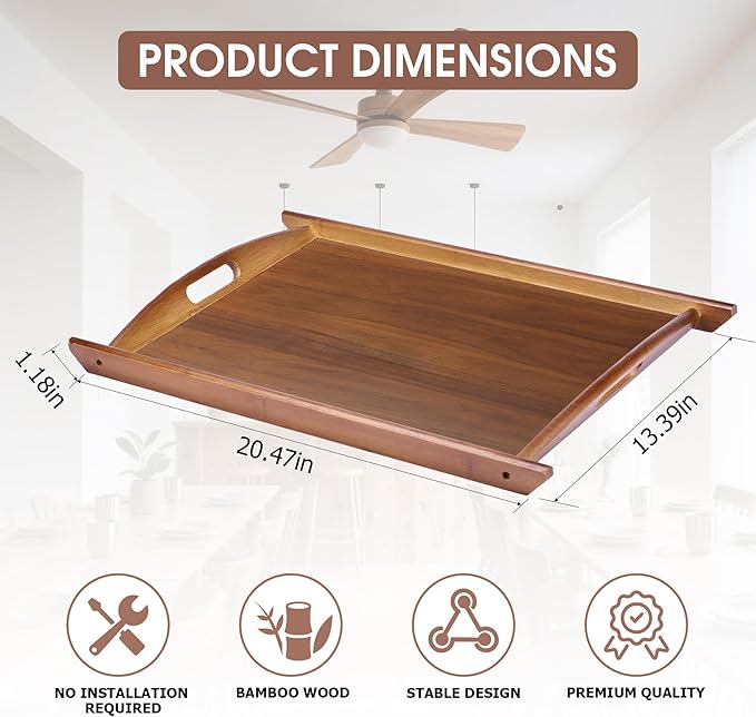Wood Serving Tray, Wooden Tray with Handles, 20.47 inch Square Decorative Serving Trays Platters for Home, Party, Coffee Table,Dining Table & Countertop