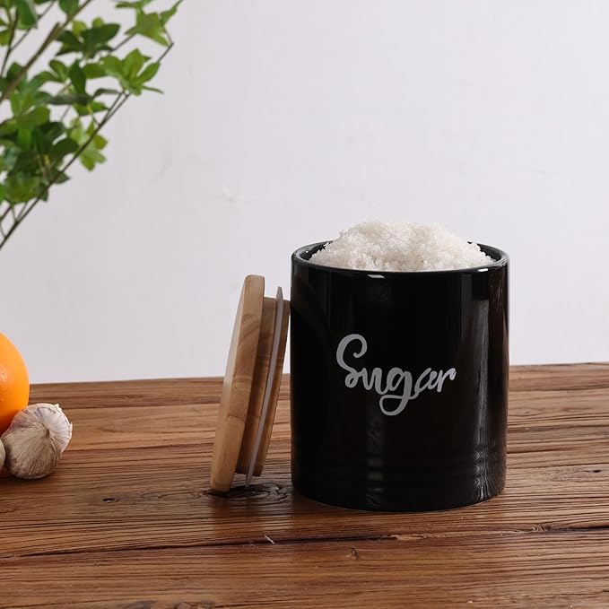 LEETOYI Porcelain Food Storage Containers with Lid, 4.5 Inch 31oz, Black Labeled Sugar