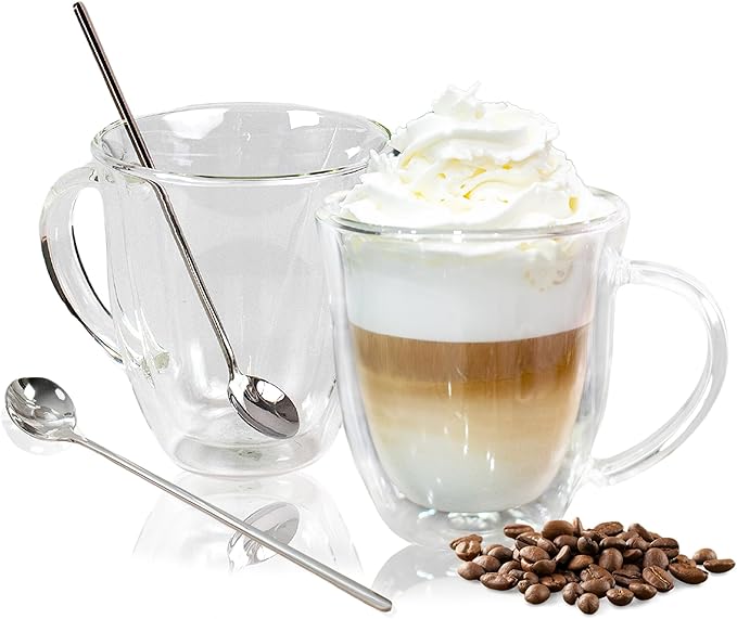 AYL Double Wall Clear Glass Coffee Mugs - 16 oz Insulated Clear Latte Mugs, Perfect for Espresso, Cappuccino, Latte, Tea - Elegant Glass Cups Set of 2
