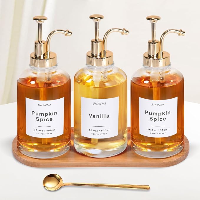 Coffee Syrup Dispenser for Coffee Bar, 16.9oz 500ml Glass Syrup Dispenser w Golden Coffee Scoop, Coffee Syrup Pump Dispenser w 36 Labels and Bamboo Tray, Coffee Syrup Bottles with Golden Pump, 3PCS by SHANNATOYS