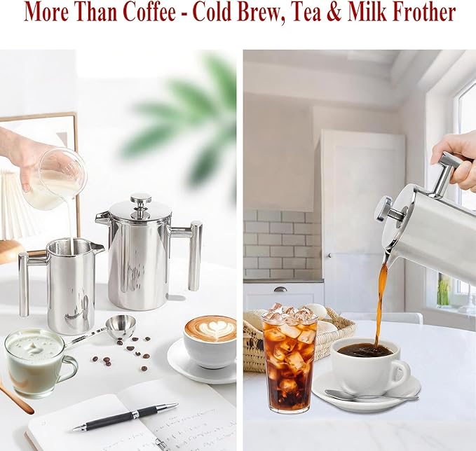 French Press Coffee Maker, 12 Oz Stainless Steel, Triple Mesh Filter, Double Wall Insulated, for Coffee & Tea, Portable for Home, Office, Camping & Travel