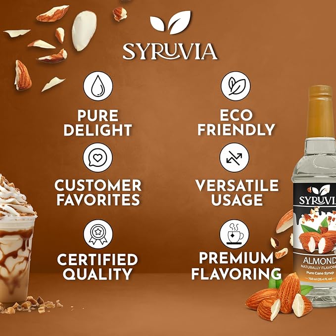 Syruvia Almond Syrup, Natural Flavors, Syrup for Drinks, Lattes, and Desserts – 25.4 fl oz
