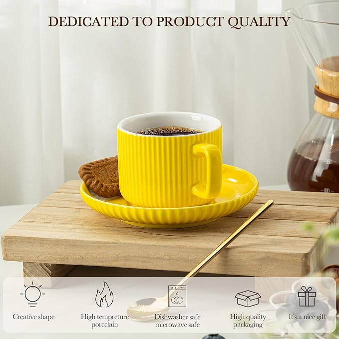 5 Ounce Espresso Cups Set of 4, Small Coffee Cups with Saucers and Spoons, Yellow Ceramic Demitasse Espresso Mugs