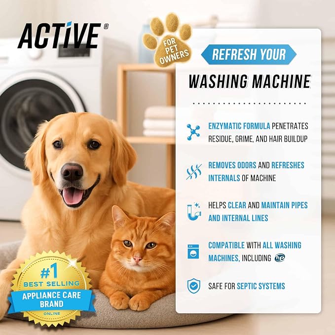 ACTIVE Washing Machine Cleaner for Pet Owners Enzymatic Deep Clean Descaler for Cat & Dog Hair, Urine, Odor, Residue, 24 Septic-Safe Tablets for Top Load, Front Loader, HE Washer Tub - 1 Year Supply - Image 2