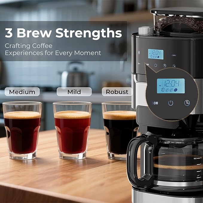Drip Coffee Maker with Grinder Built In, 10-Cup Grind and Brew Coffee Machine Fully Automatic, Programmable with Brew Strength, Permanent Filter, Glass Carafe, 50oz Water Tank, Ideal for Home/Office