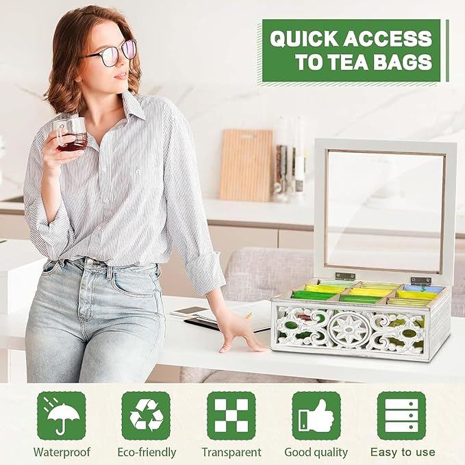 Tea Bag Organizer Wooden Tea Box for Tea Bags, Tea Organizer 9 Compartments Tea Chest Storage Box with Clear Lid, Tea Bag Holder Tea Caddy for Tea Coffee Sugar, Home Kitchen Office, White