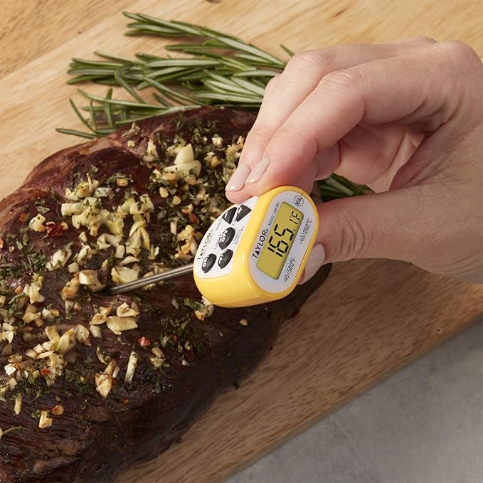 Taylor Compact Waterproof Digital Food Thermometer, 4.5 Inch Stem Length with an FDA Recommended 1.5mm Stepdown Probe Diameter and Amber Backlit LCD, HOLD, Min/Max; NSF, Yellow