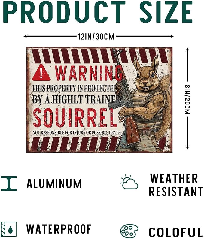 Funny Squirrel Metal Signs Warning This Property Is Protected By A Highly Train Vintage Tin Sign Retro Wall Decor for Home Front Door Gate Backyard 8×12 Inches - Image 2