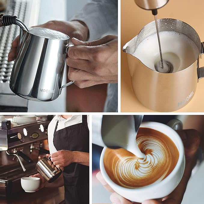 HOOMIL Milk Frothing Pitcher, 12oz/20oz/32oz Stainless Steel Steaming Pitcher Barista Milk Frother Cup Jug for Espresso Machine Coffee Cappuccino Latte Art - 12oz