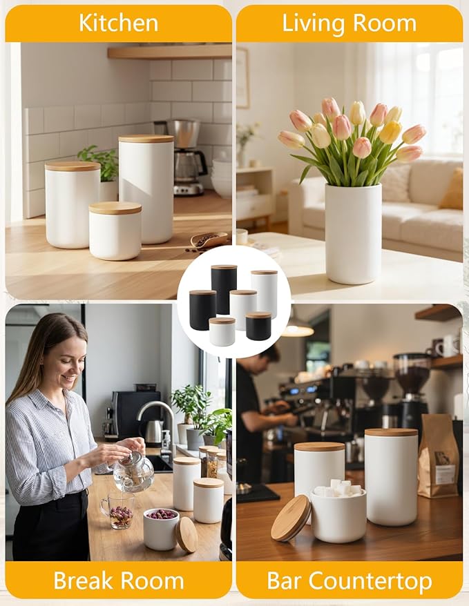 YYW Ceramic Food Storage Containers with Lids, Kitchen Canisters for Countertop, White Food Containers Jar for Flour, Coffee Bean, Sugar, Tea, Spices and More, Home Decor (260ml/8.79oz)