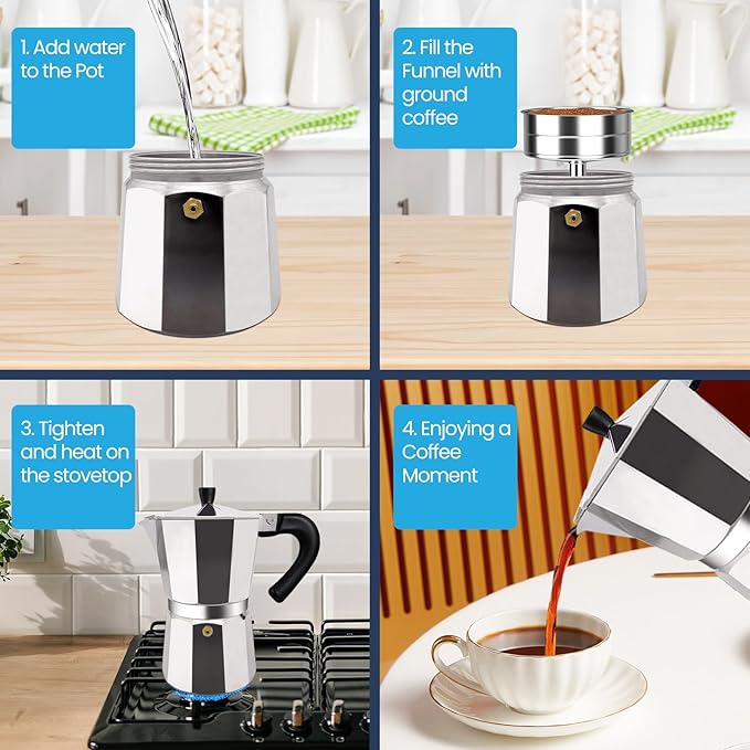 6 Cup Moka Pot Aluminum 300ml Italian Coffee Maker Stovetop Espresso CoffeeMakers Mocha Pot Percolator for Electric Ceramic Stove Classic Greca Cafe Makers Portable for Easy Brewing