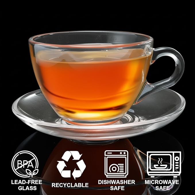 Tosnail 6 Pack 7-Ounce Glass Tea Cups and Saucers Sets Glass Coffee Mugs
