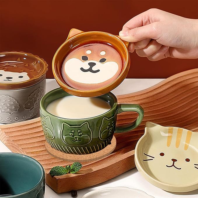 BigNoseDeer Cute Kawaii Dog Mug,Dog Coffee Mugs with Lids,Novelty Animal Coffee Ceramic Tea Cup Dessert Saucer Set,Christmas Birthday Presents for Girls Friend Kids,Dog Lovers Gifts for Women