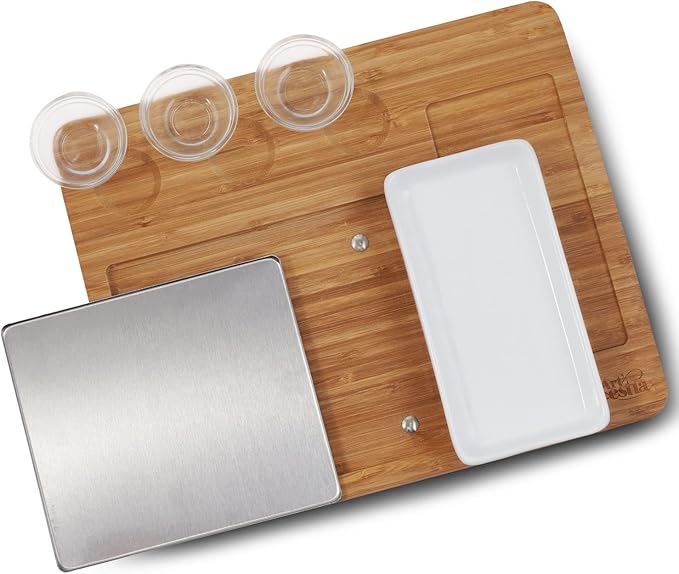 Artestia Bamboo Platter, Stainless Steel Tray, Glass Cups and Ceramic Side Dish Bowl,Serving Tray(Deluxe Set Only Without Stones)
