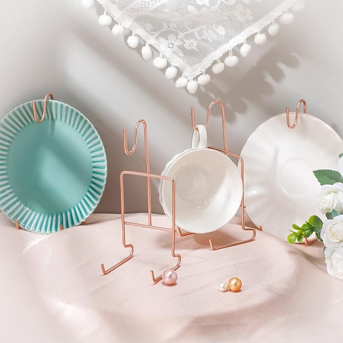 Vesici 8 Pcs Tea Cup and Saucer Display Stand Metal China Teacup Holder Rack Saucer Organizer Coffee Mug Hanger Stand Tray for Afternoon Tea Party Cabinet Counter Bar(6.22 x 2.44 Inch,Rose Gold)
