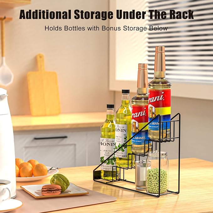 Coffee Syrup Rack for 4 Bottles (750ml), Tiered Coffee Syrup Organizer & Holder, Heavy-Duty Metal Syrup Rack, (4 bottles of black)