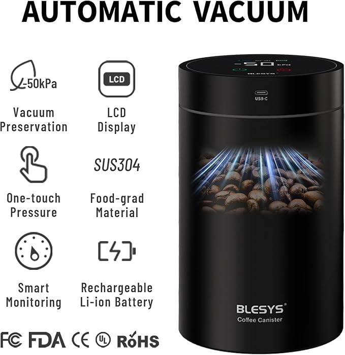 Smart Vacuum Coffee Canister, Automatic Stainless Steel Food Storage Container, LCD Monitoring, One-touch Freshness, Date Tracker, Extra-long Standby Time, Holds 11 oz Coffee Beans (Black, 0.9L)