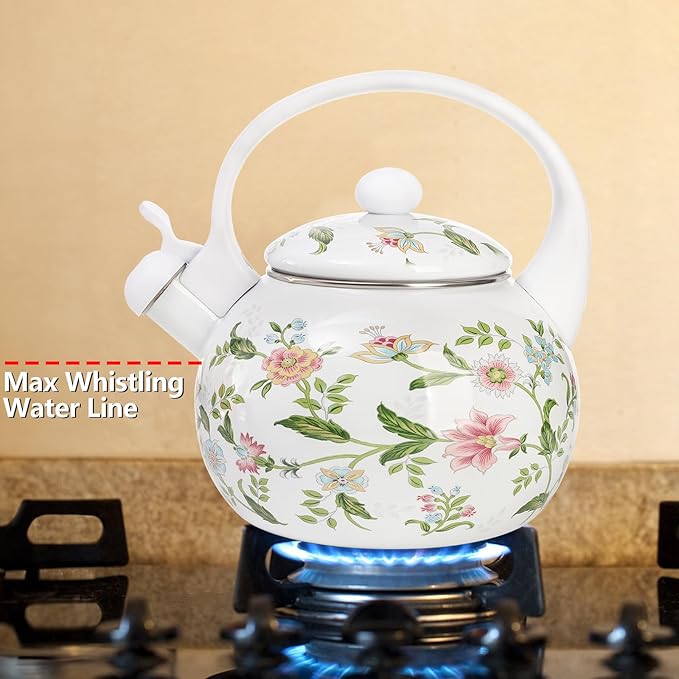 Jucoan 2.3 Quart Vintage Enamel Tea Kettle, Whistling Tea Kettle for Stove Top, Floral Enamel on Steel Teakettle Teapot for Home Kitchen Camping, Gift for Wedding Housewarming Thanksgiving Christmas