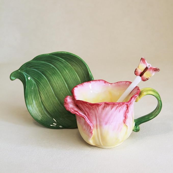 Ceramic Tea Cup and Saucer Set ，6OZ 3D Hand-Painted Flower Coffee Mug，Gift for Women -Pink Tulip