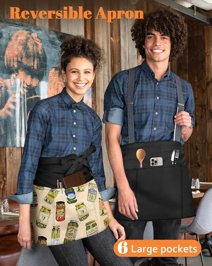 Slohif Reversible Server Apron 6 Pockets - Waist Apron for Waitress Women Half Serving Short Apron for Waiter - Image 3