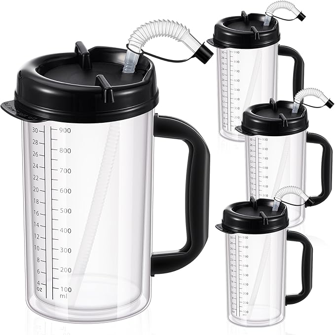 4 Pcs 32 oz Hospital Water Cup with Straw and Lid Insulated Double Walled Water Cup with Handle and Straw Elderly Bottle Plastic Drinking Carafe Insulated Mug (Black)