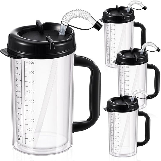4 Pcs 32 oz Hospital Water Cup with Straw and Lid Insulated Double Walled Water Cup with Handle and Straw Elderly Bottle Plastic Drinking Carafe Insulated Mug (Black)