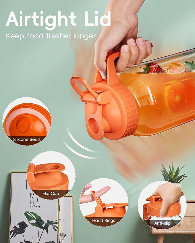 Glass Pitcher with Airtight Lid and Spout, 64oz Mason Jar Pitcher - Wide Mouth, Leakproof Water Jug for Juice, Sun Iced Tea, Cold Brew Coffee, Milk Storage, Orange