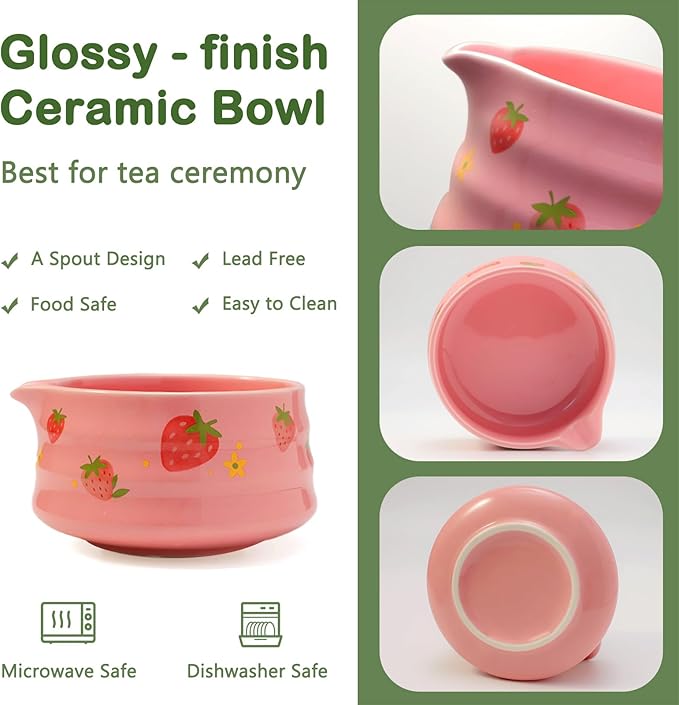 Pink Strawberry Matcha Set Whisk And Ceremony Bowl, 5 Pcs Ceramic Traditional Matcha Making Kit Gift Set For Women Friends Tea Lover